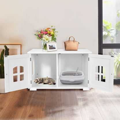 Cat Hidden Litter Box Enclosure with Cross Windows &amp;amp;amp; Double Door-White