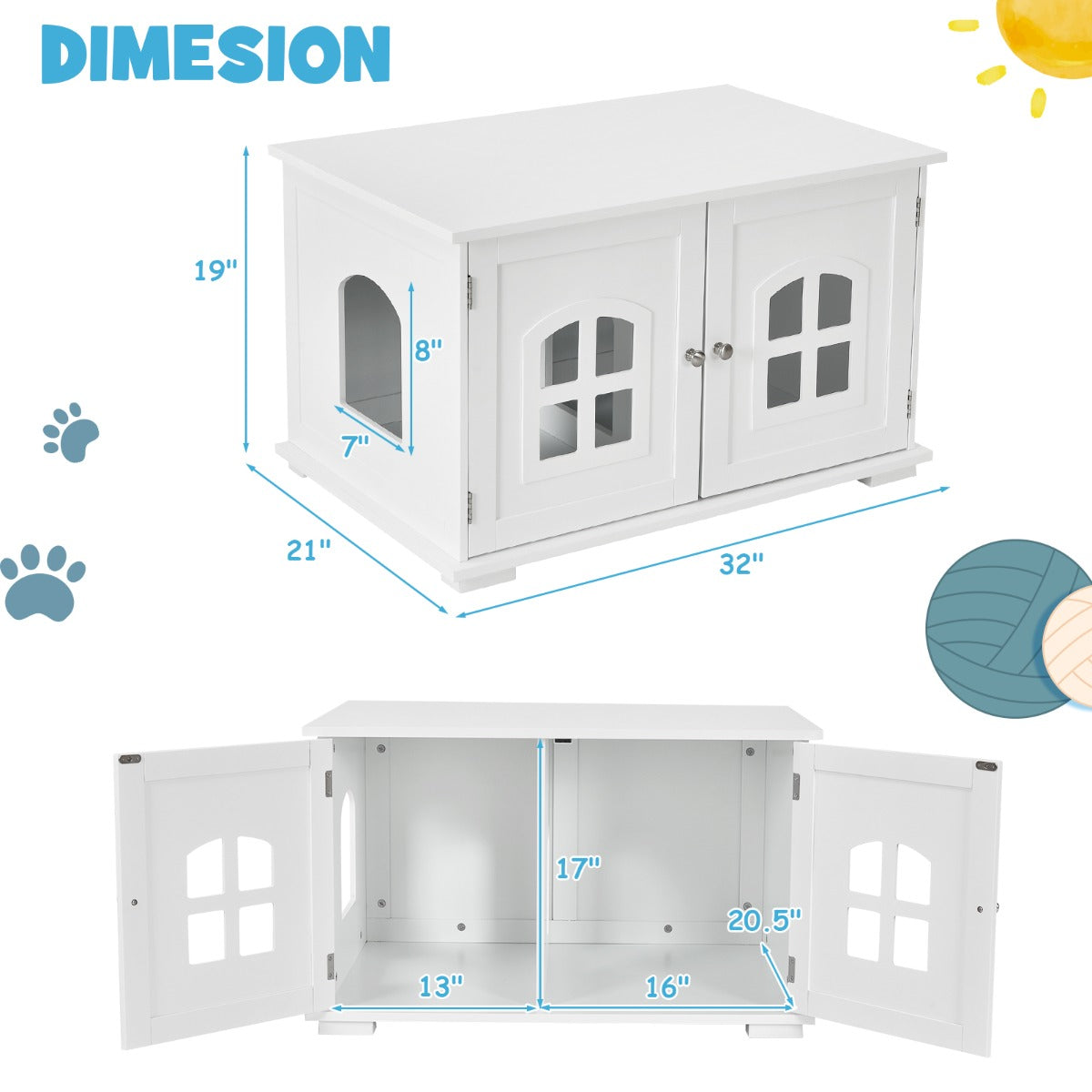 Cat Hidden Litter Box Enclosure with Cross Windows &amp;amp;amp; Double Door-White