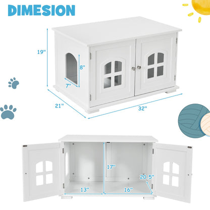 Cat Hidden Litter Box Enclosure with Cross Windows &amp;amp;amp; Double Door-White
