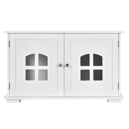 Cat Hidden Litter Box Enclosure with Cross Windows &amp;amp;amp; Double Door-White
