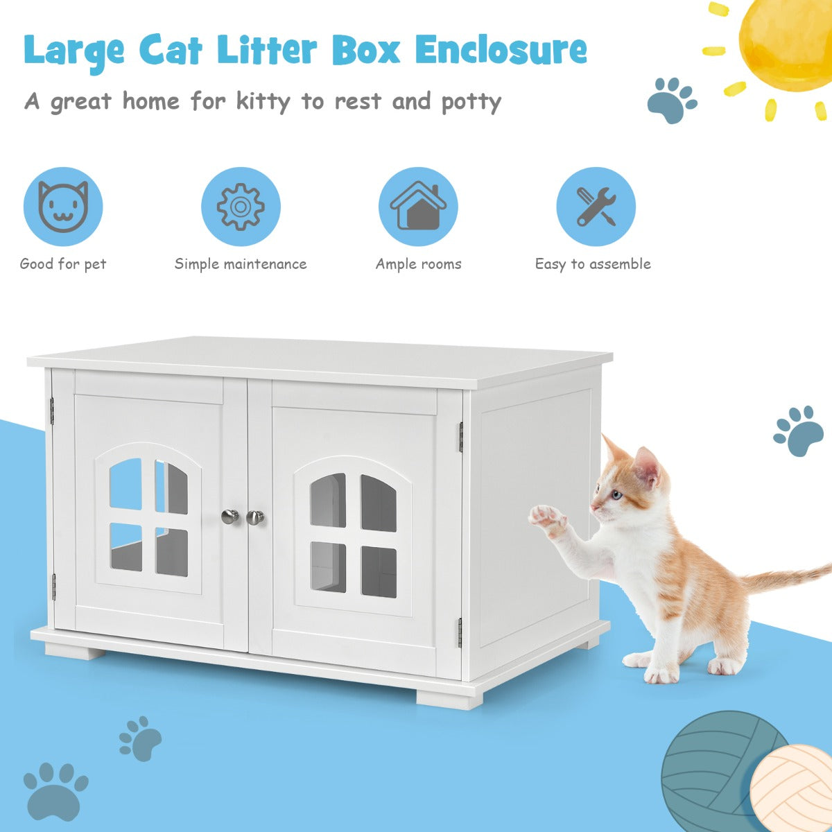 Cat Hidden Litter Box Enclosure with Cross Windows &amp;amp;amp; Double Door-White