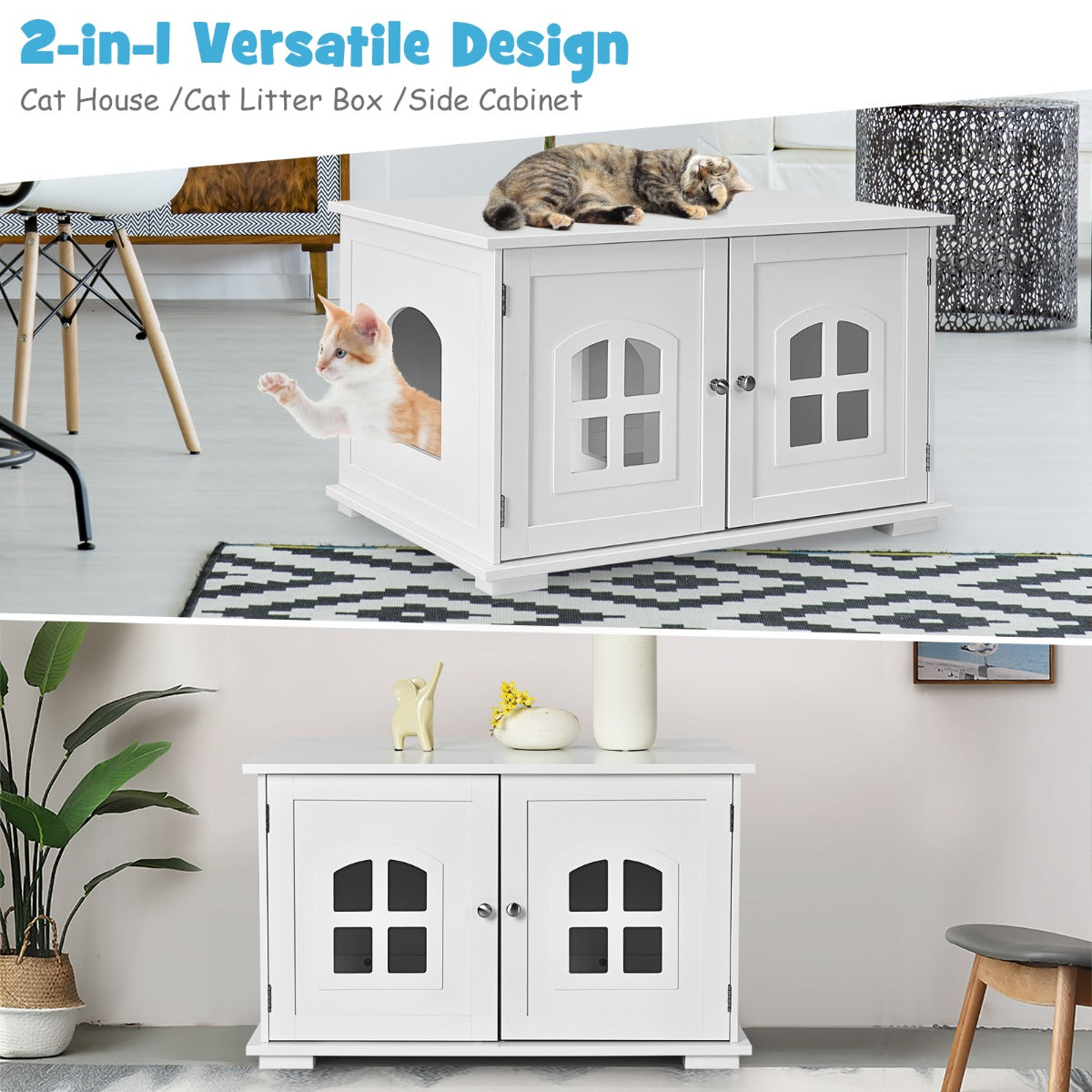 Cat Hidden Litter Box Enclosure with Cross Windows &amp;amp;amp; Double Door-White