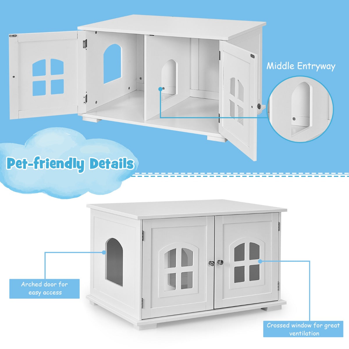 Cat Hidden Litter Box Enclosure with Cross Windows &amp;amp;amp; Double Door-White