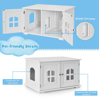 Cat Hidden Litter Box Enclosure with Cross Windows &amp;amp;amp; Double Door-White