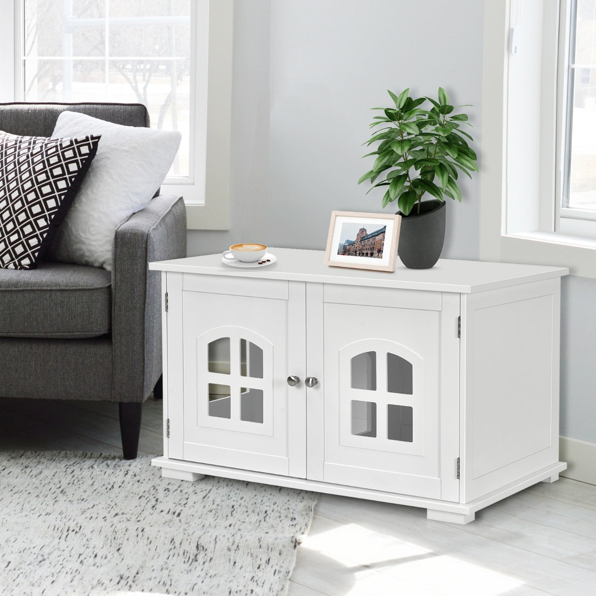 Cat Hidden Litter Box Enclosure with Cross Windows &amp;amp;amp; Double Door-White
