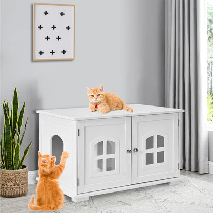 Cat Hidden Litter Box Enclosure with Cross Windows &amp;amp;amp; Double Door-White
