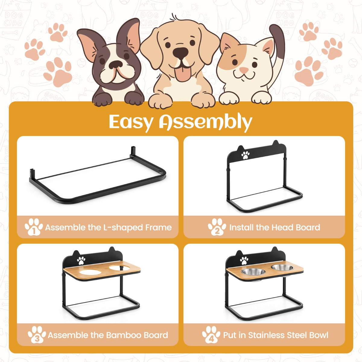 Metal Raised Dog Bowl Stand with 2 Stainless Steel Food Water Bowls for Medium/Large Dogs