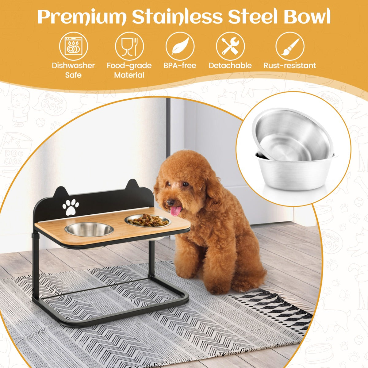 Metal Raised Dog Bowl Stand with 2 Stainless Steel Food Water Bowls for Medium/Large Dogs