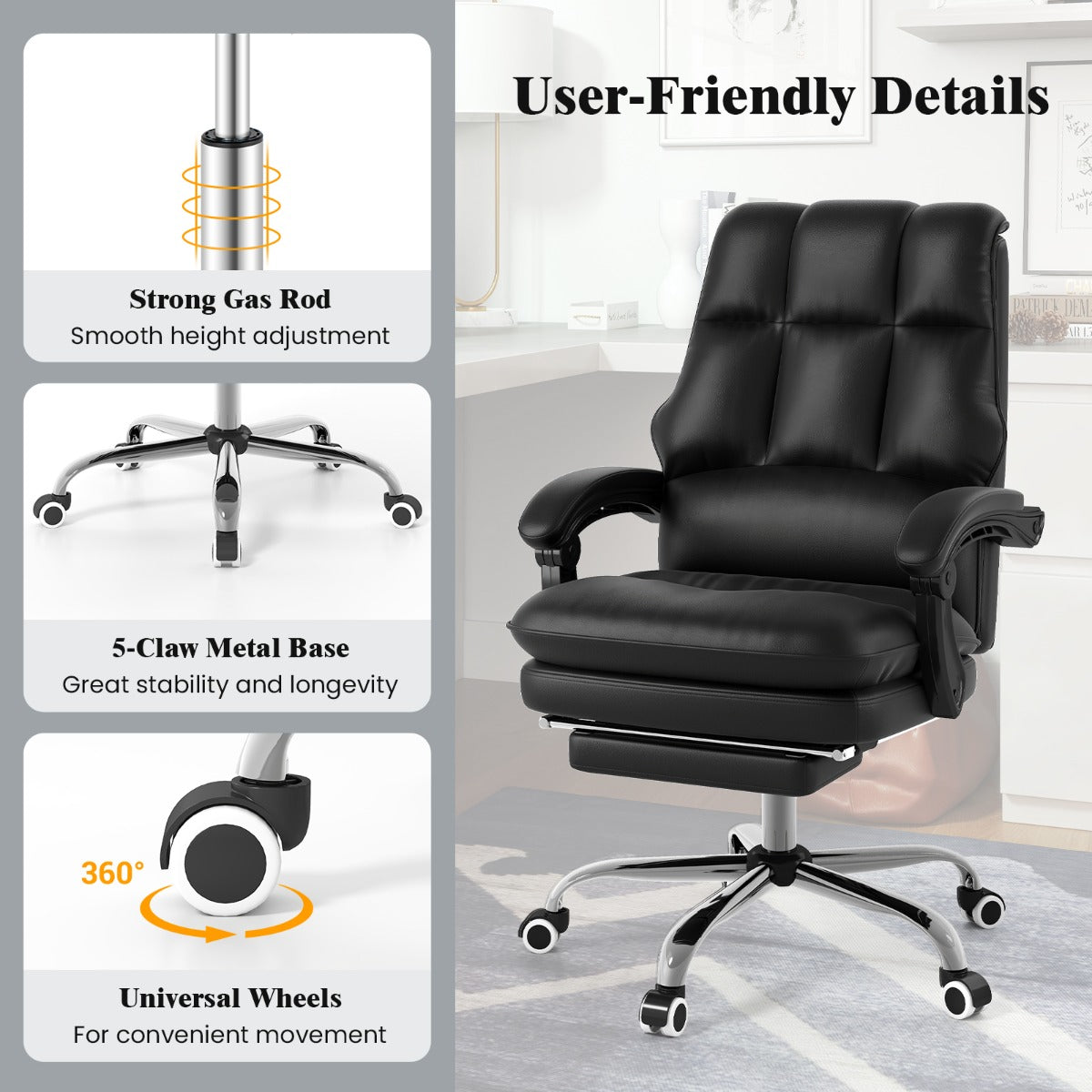 PU Leather Ergonomic Office Chair with Adjustable Swivel Seat-Black