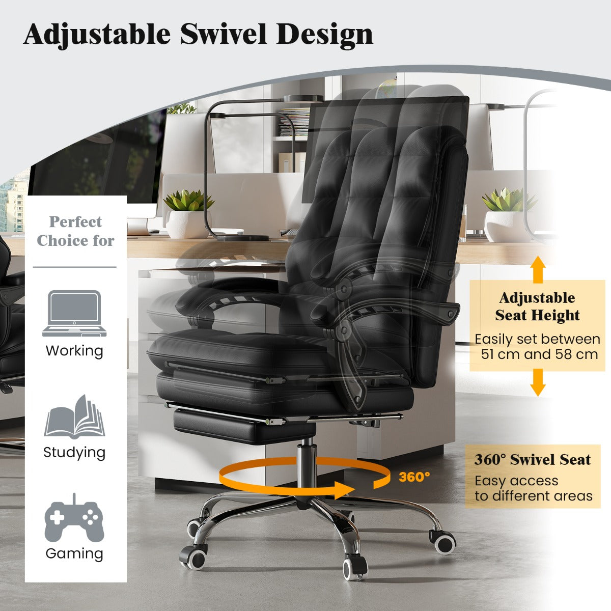 PU Leather Ergonomic Office Chair with Adjustable Swivel Seat-Black