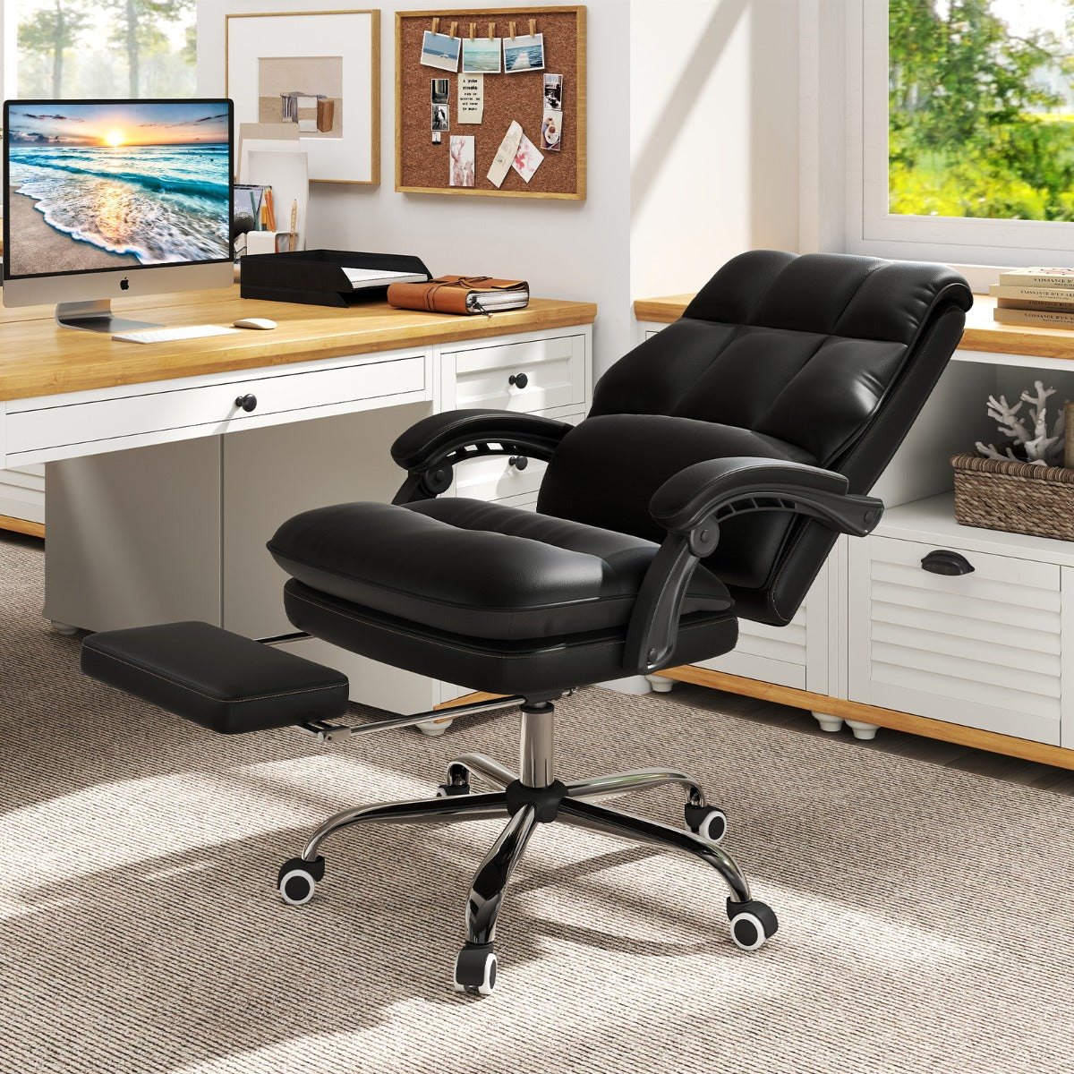 PU Leather Ergonomic Office Chair with Adjustable Swivel Seat-Black