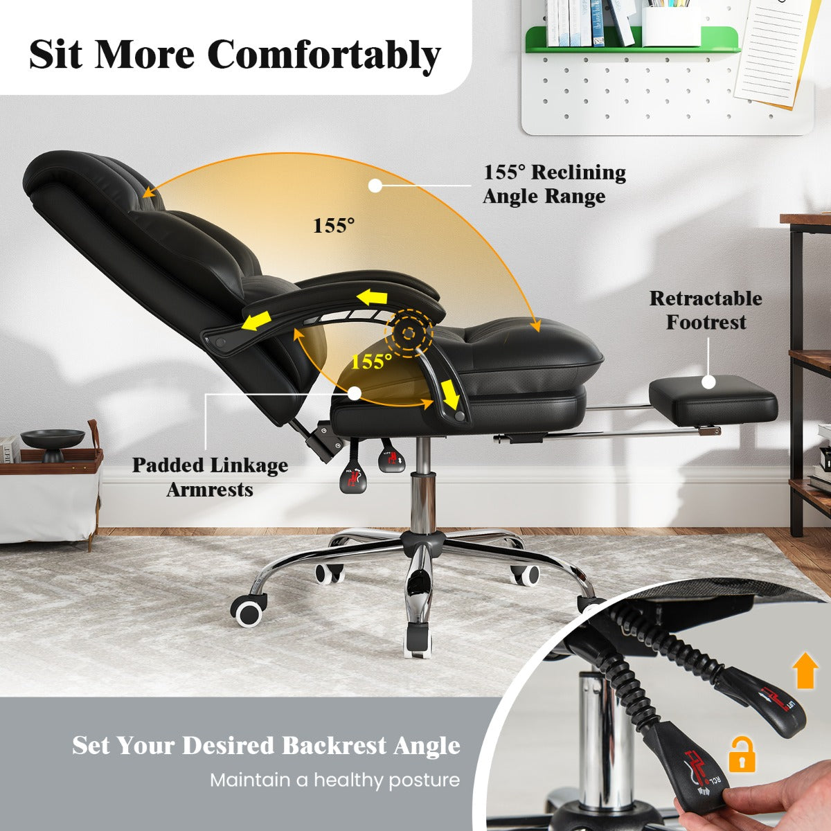 PU Leather Ergonomic Office Chair with Adjustable Swivel Seat-Black