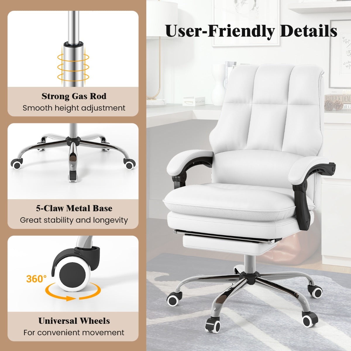 PU Leather Ergonomic Office Chair with Adjustable Swivel Seat-White