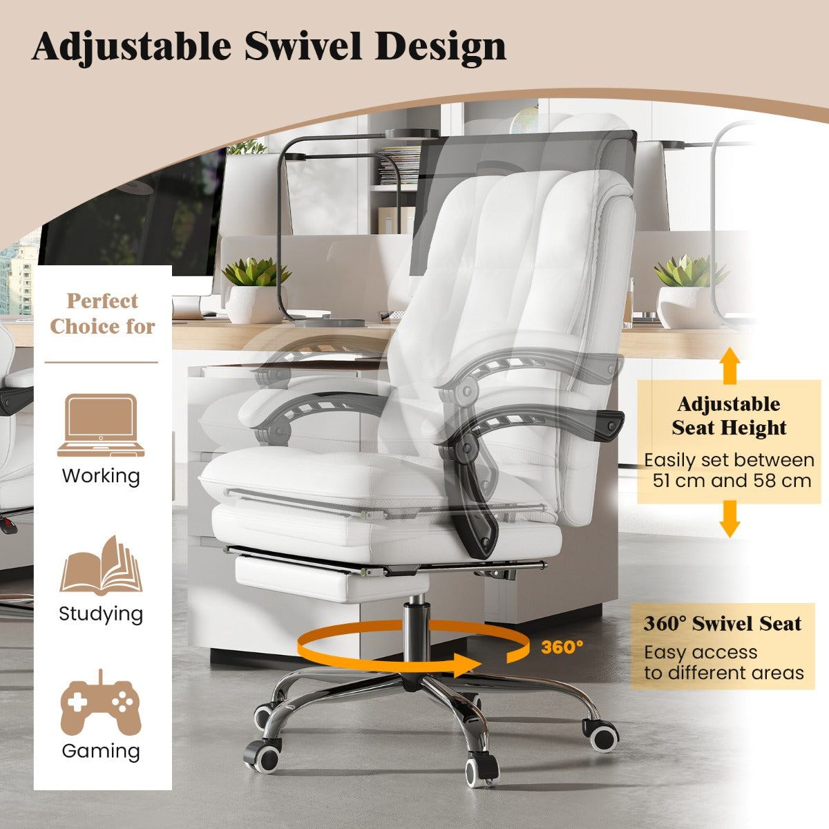 PU Leather Ergonomic Office Chair with Adjustable Swivel Seat-White