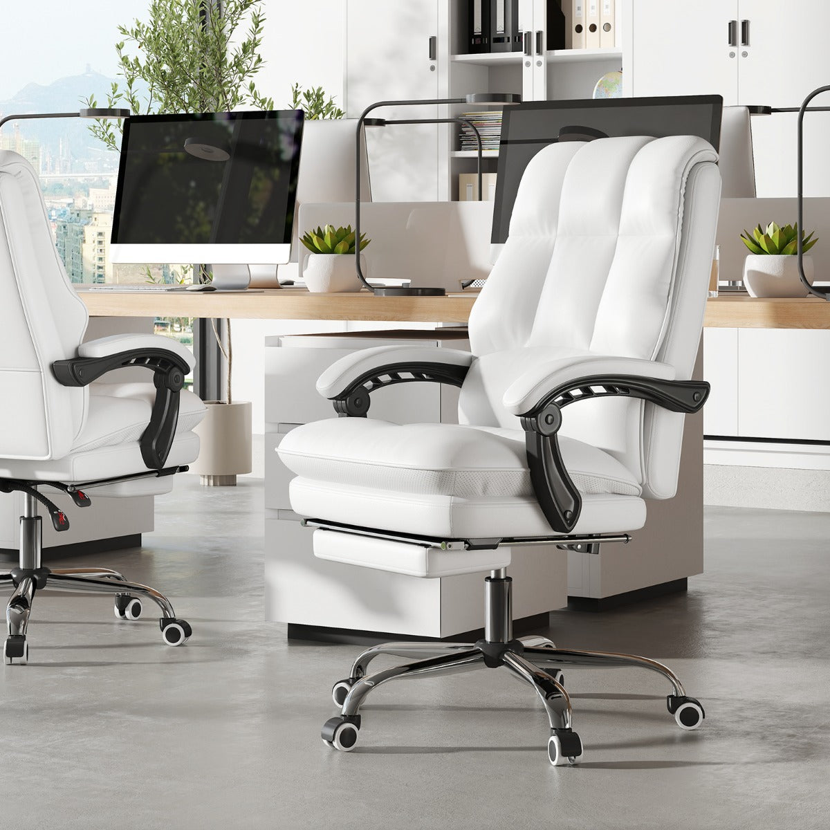 PU Leather Ergonomic Office Chair with Adjustable Swivel Seat-White