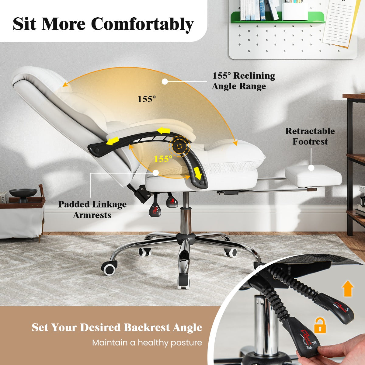 PU Leather Ergonomic Office Chair with Adjustable Swivel Seat-White