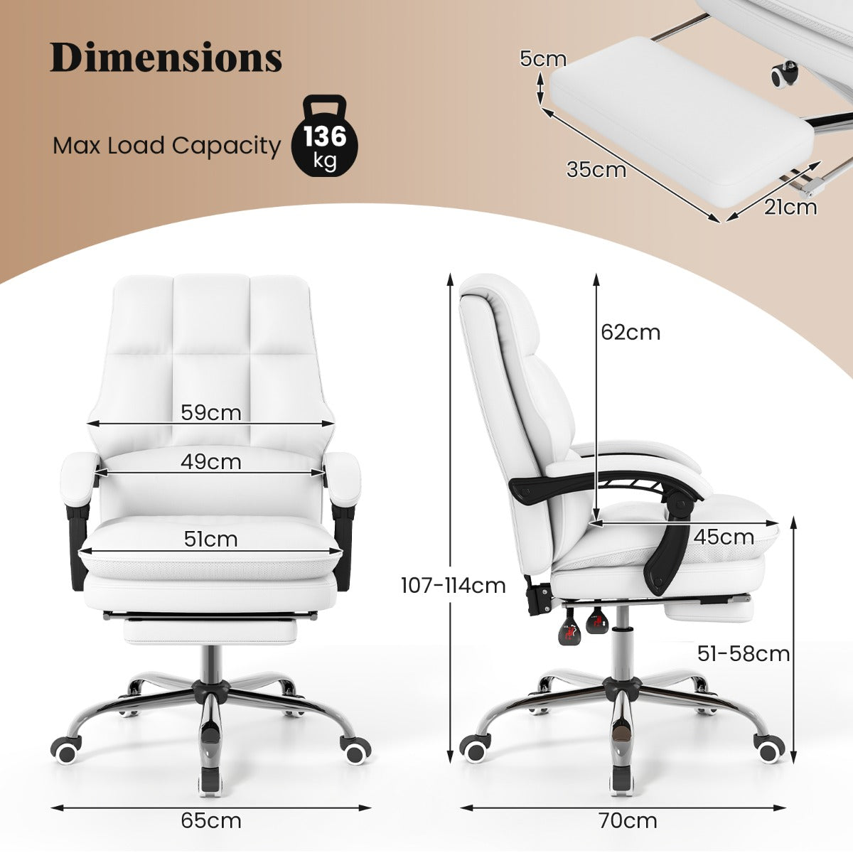 PU Leather Ergonomic Office Chair with Adjustable Swivel Seat-White