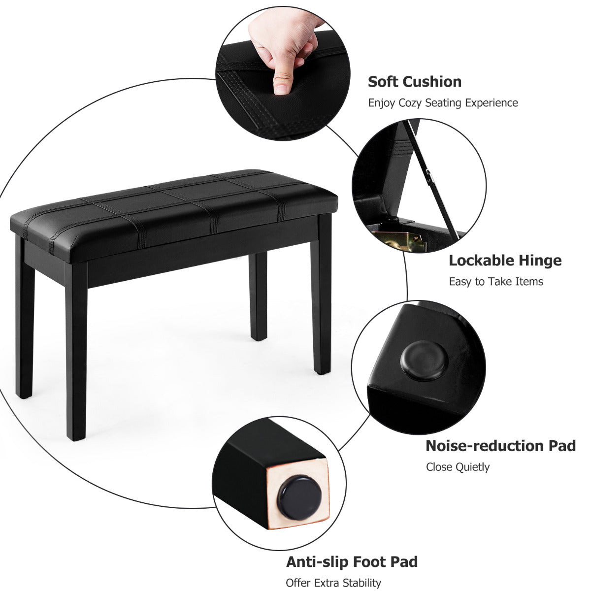 PU Leather Piano Bench with Padded Cushion and Music Storage-Black