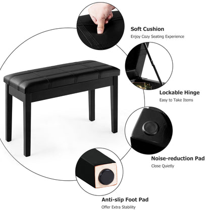 PU Leather Piano Bench with Padded Cushion and Music Storage-Black
