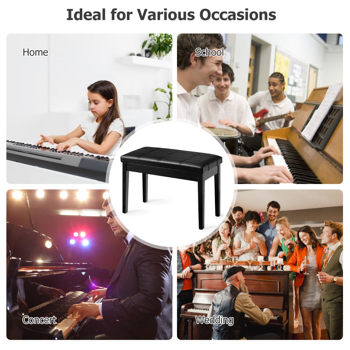 PU Leather Piano Bench with Padded Cushion and Music Storage-Black