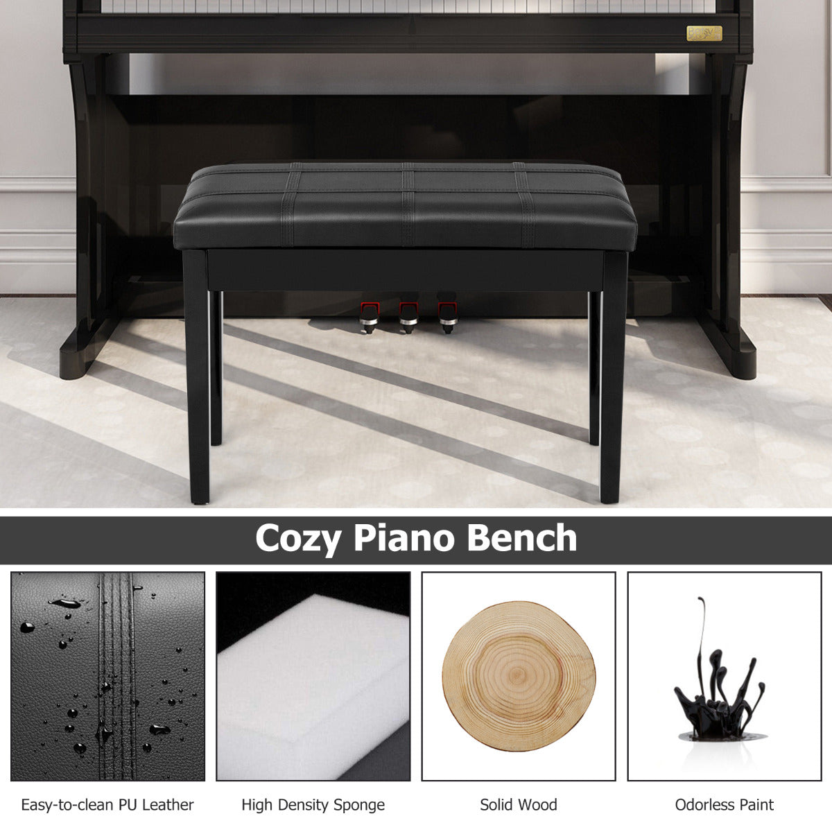 PU Leather Piano Bench with Padded Cushion and Music Storage-Black