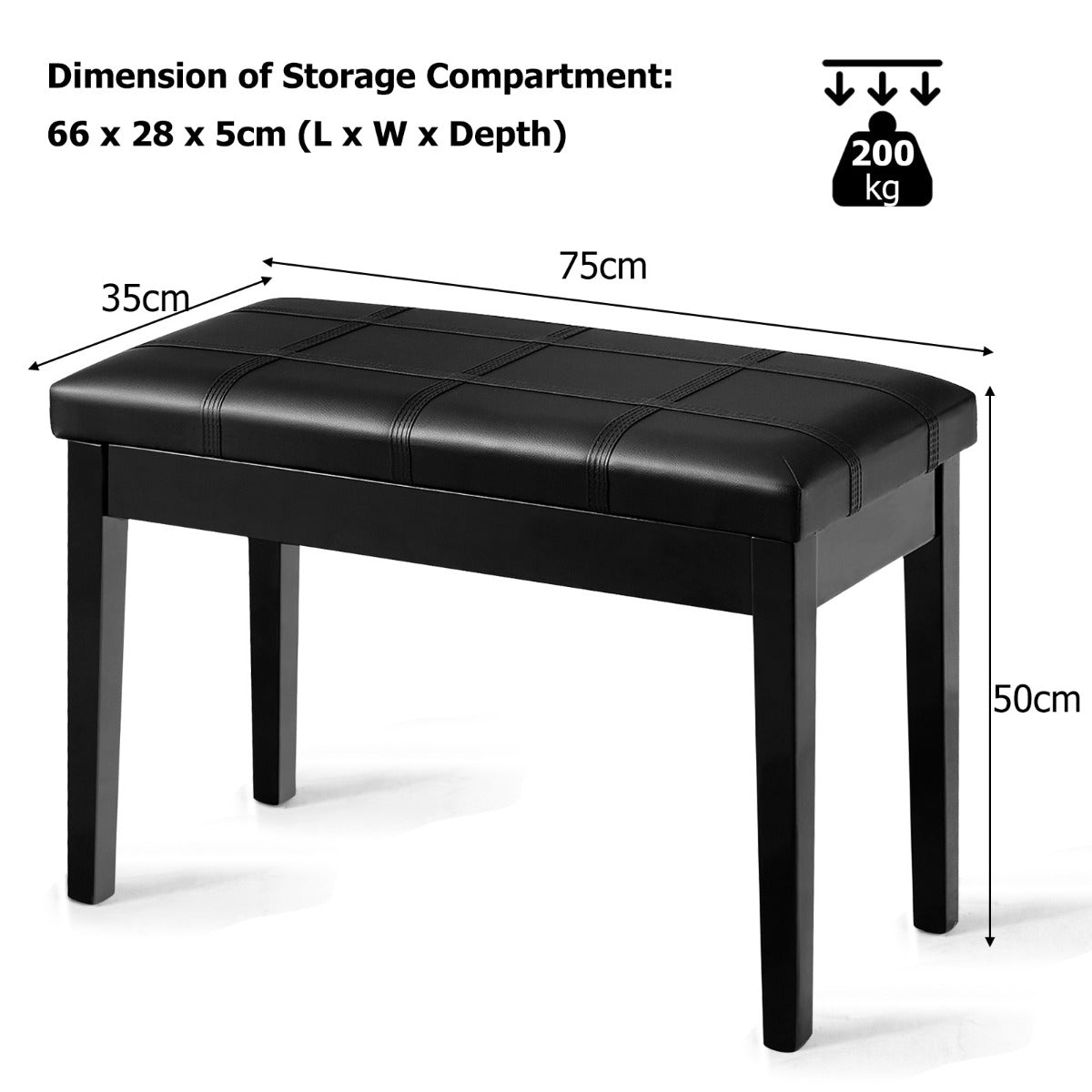 PU Leather Piano Bench with Padded Cushion and Music Storage-Black