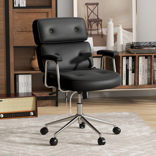 PU Leather Upholstered Desk Office Chair with Button Tufted Back-Black