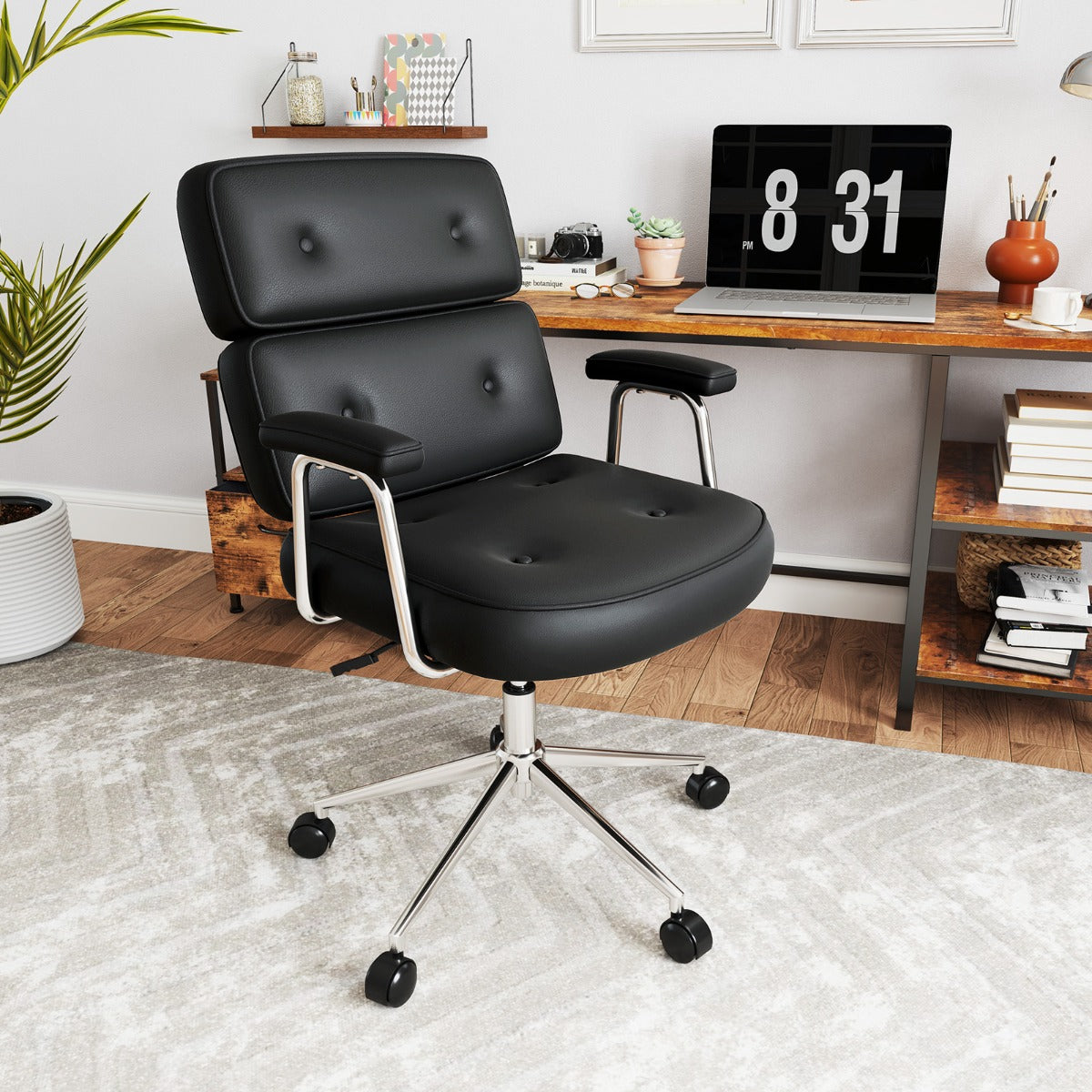 PU Leather Upholstered Desk Office Chair with Button Tufted Back-Black