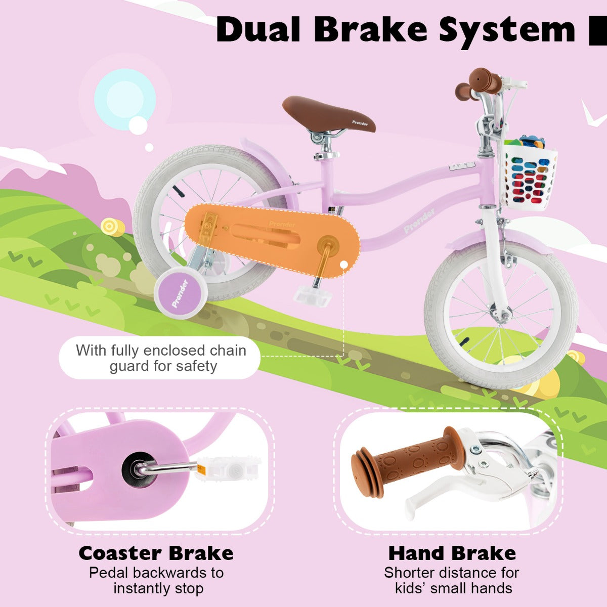Kids Bike with Front Handbrake and Rear Coaster Brake for 3-5 Years Old-Purple-14 inches
