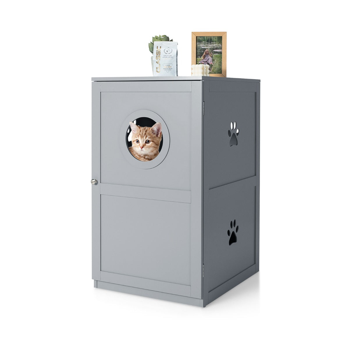 2-Tier Litter Box Enclosure with Anti-Toppling System for Home Pet-Grey