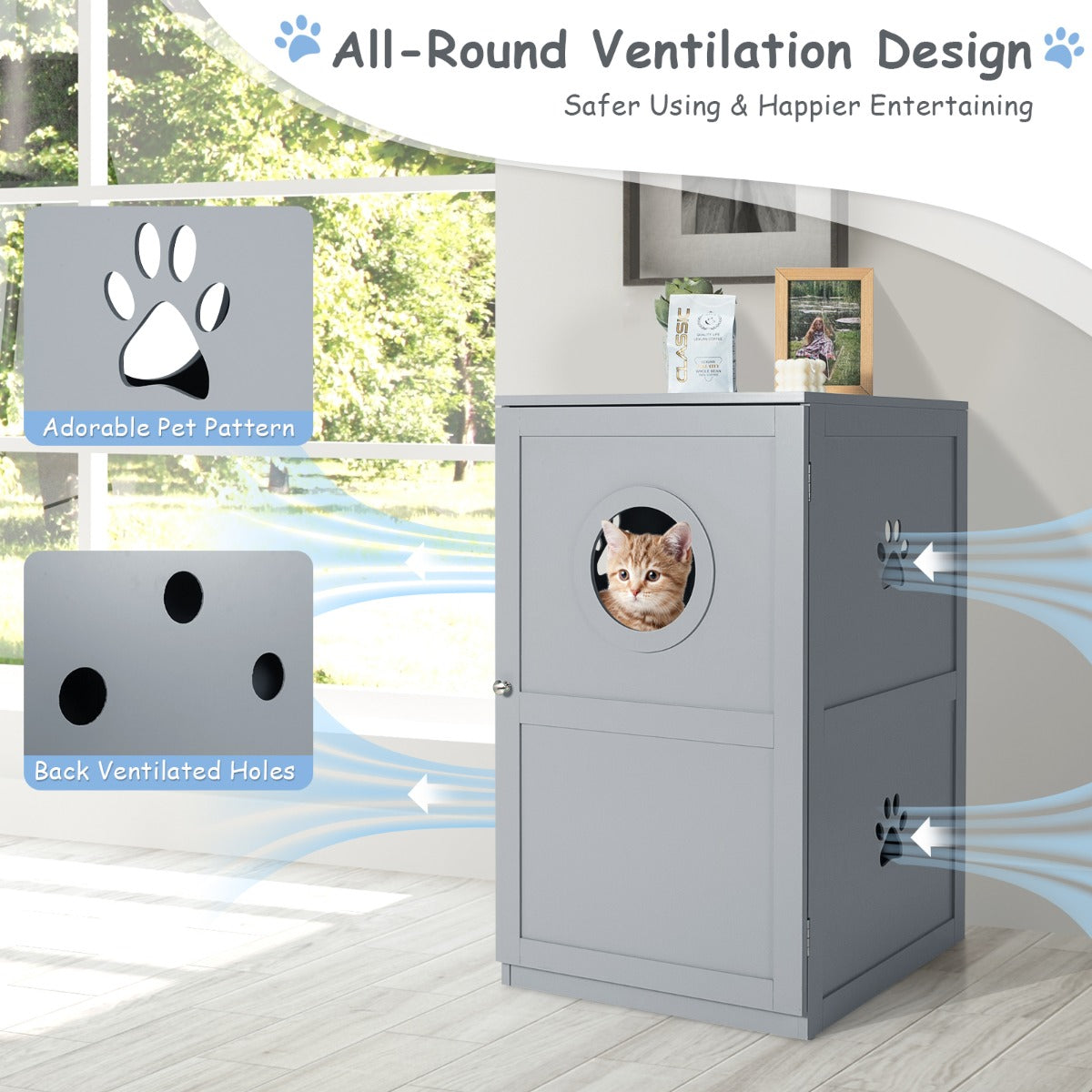 2-Tier Litter Box Enclosure with Anti-Toppling System for Home Pet-Grey