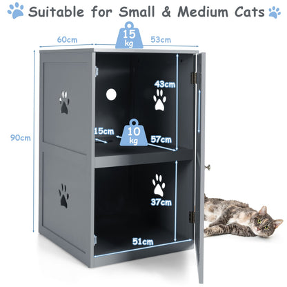 2-Tier Litter Box Enclosure with Anti-Toppling System for Home Pet-Grey