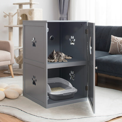 2-Tier Litter Box Enclosure with Anti-Toppling System for Home Pet-Grey