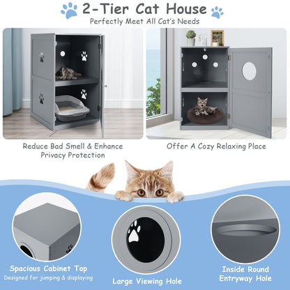 2-Tier Litter Box Enclosure with Anti-Toppling System for Home Pet-Grey