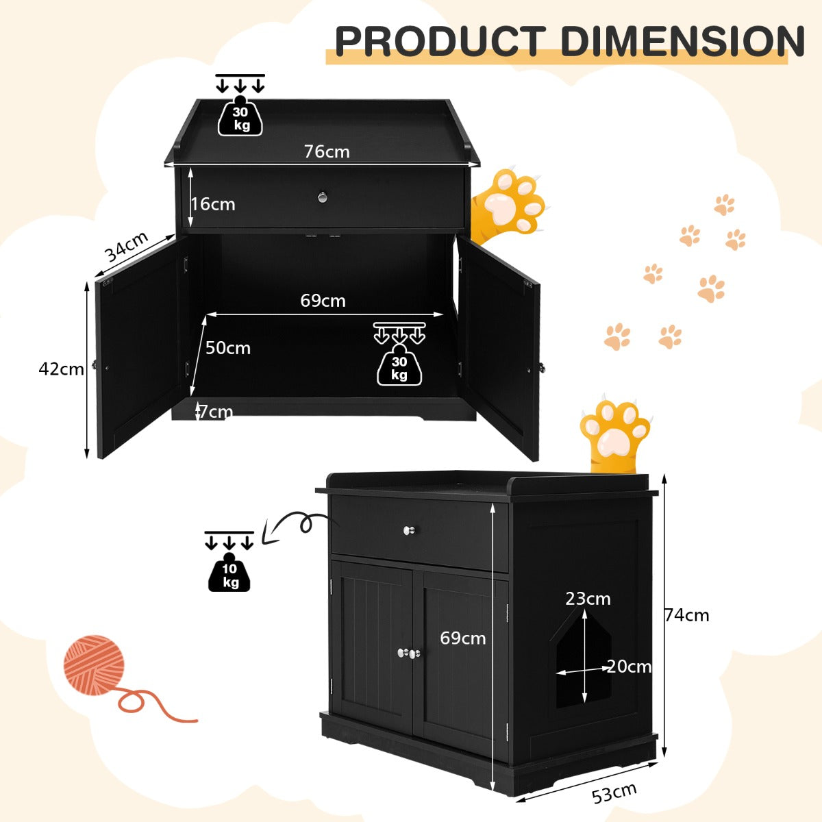 Modern Cat Litter Box Enclosure with Drawer &amp; 2 Doors-Black