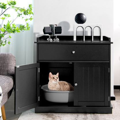 Modern Cat Litter Box Enclosure with Drawer &amp; 2 Doors-Black