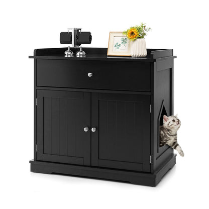 Modern Cat Litter Box Enclosure with Drawer &amp; 2 Doors-Black