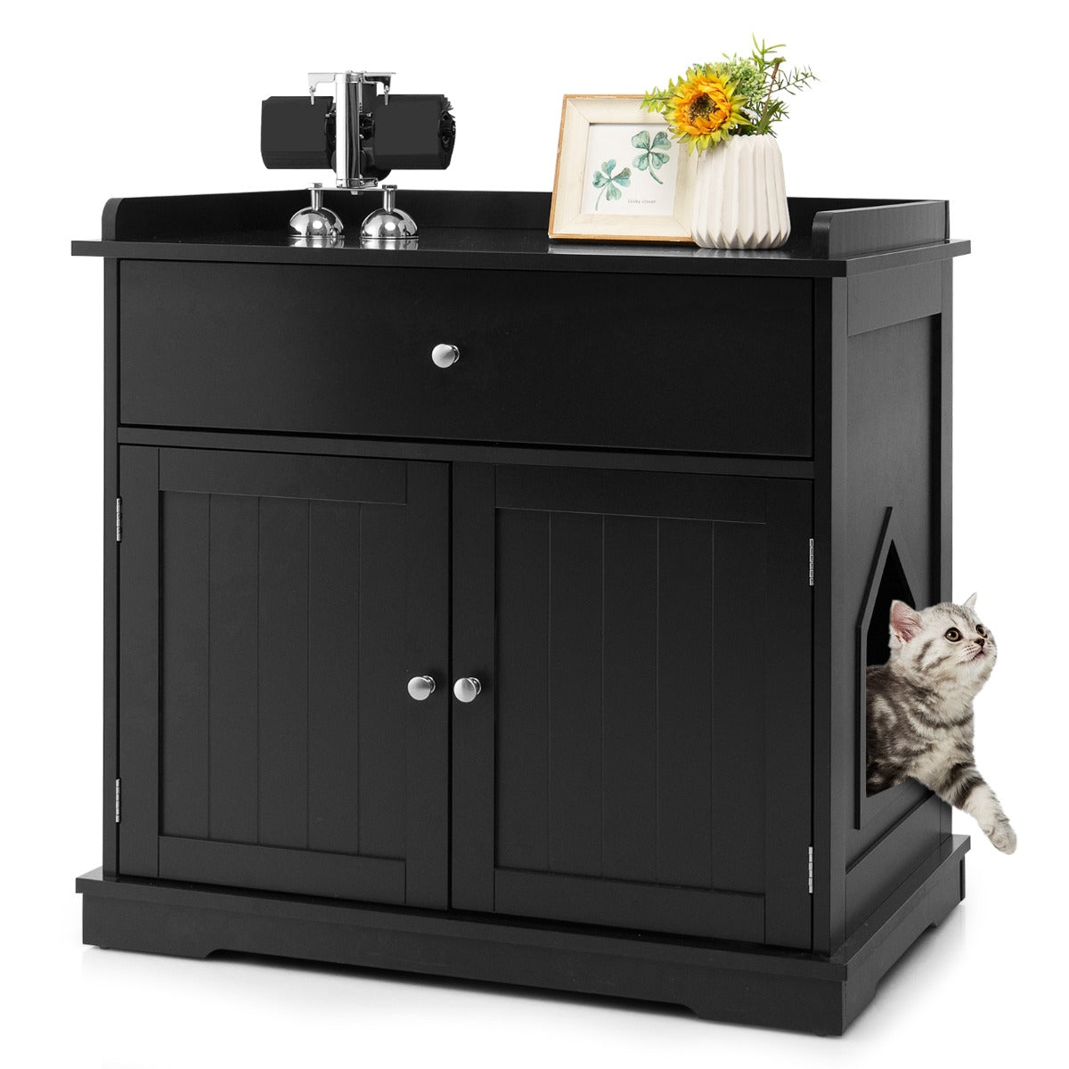 Modern Cat Litter Box Enclosure with Drawer &amp; 2 Doors-Black