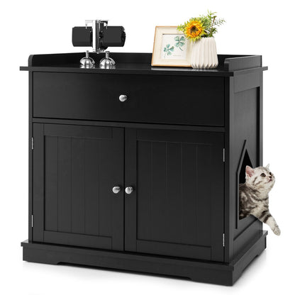 Modern Cat Litter Box Enclosure with Drawer &amp; 2 Doors-Black