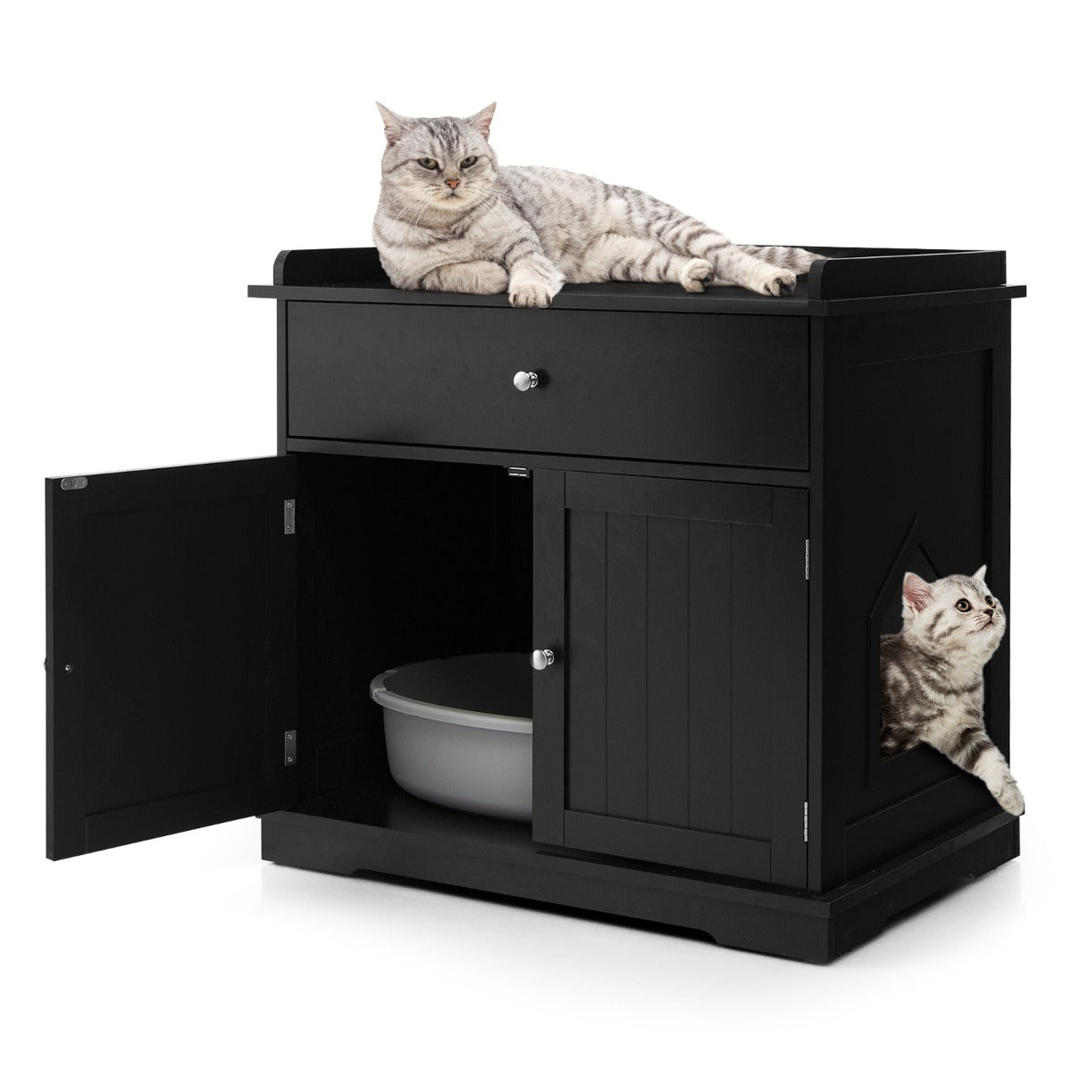 Modern Cat Litter Box Enclosure with Drawer &amp; 2 Doors-Black