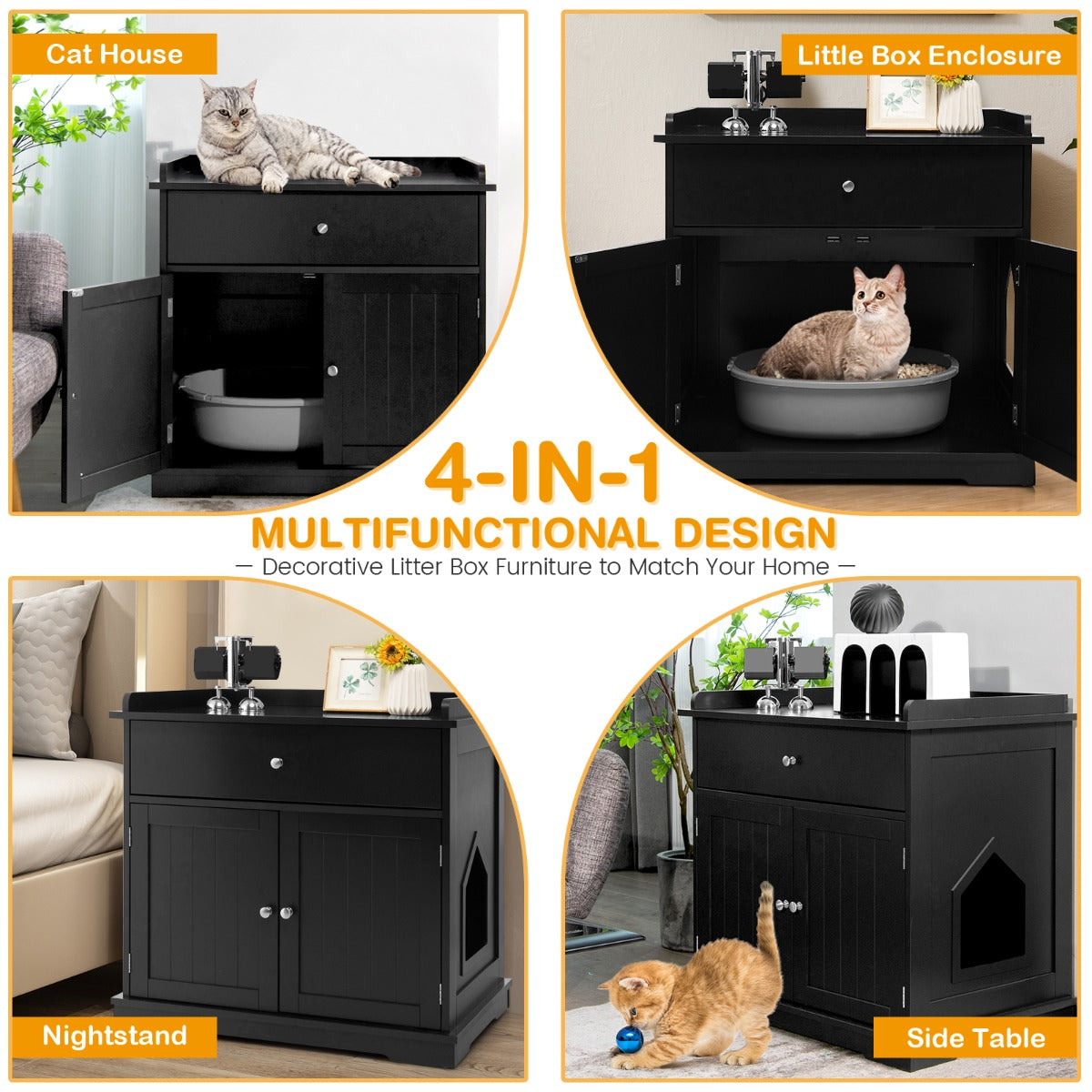 Modern Cat Litter Box Enclosure with Drawer &amp; 2 Doors-Black