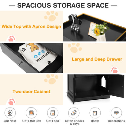 Modern Cat Litter Box Enclosure with Drawer &amp; 2 Doors-Black