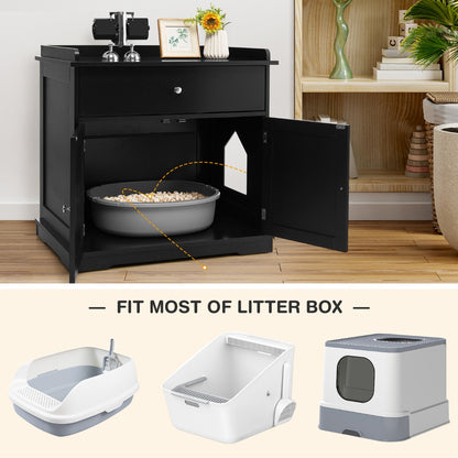 Modern Cat Litter Box Enclosure with Drawer &amp; 2 Doors-Black