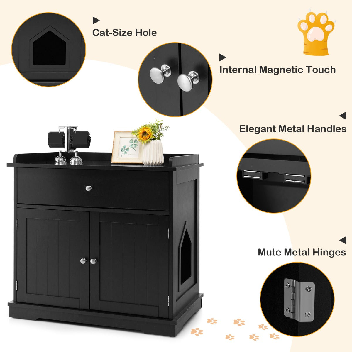 Modern Cat Litter Box Enclosure with Drawer &amp; 2 Doors-Black