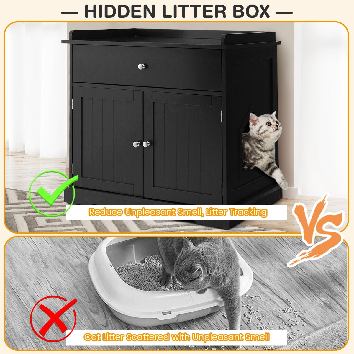 Modern Cat Litter Box Enclosure with Drawer &amp; 2 Doors-Black