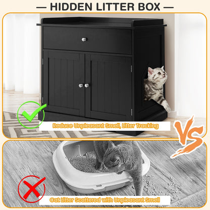 Modern Cat Litter Box Enclosure with Drawer &amp; 2 Doors-Black