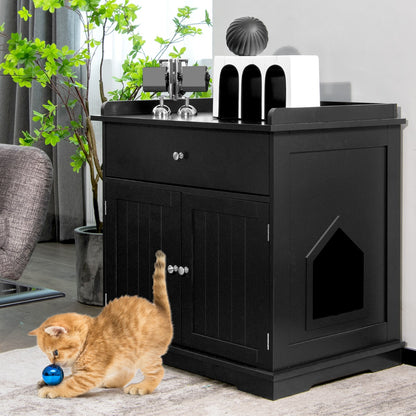 Modern Cat Litter Box Enclosure with Drawer &amp; 2 Doors-Black