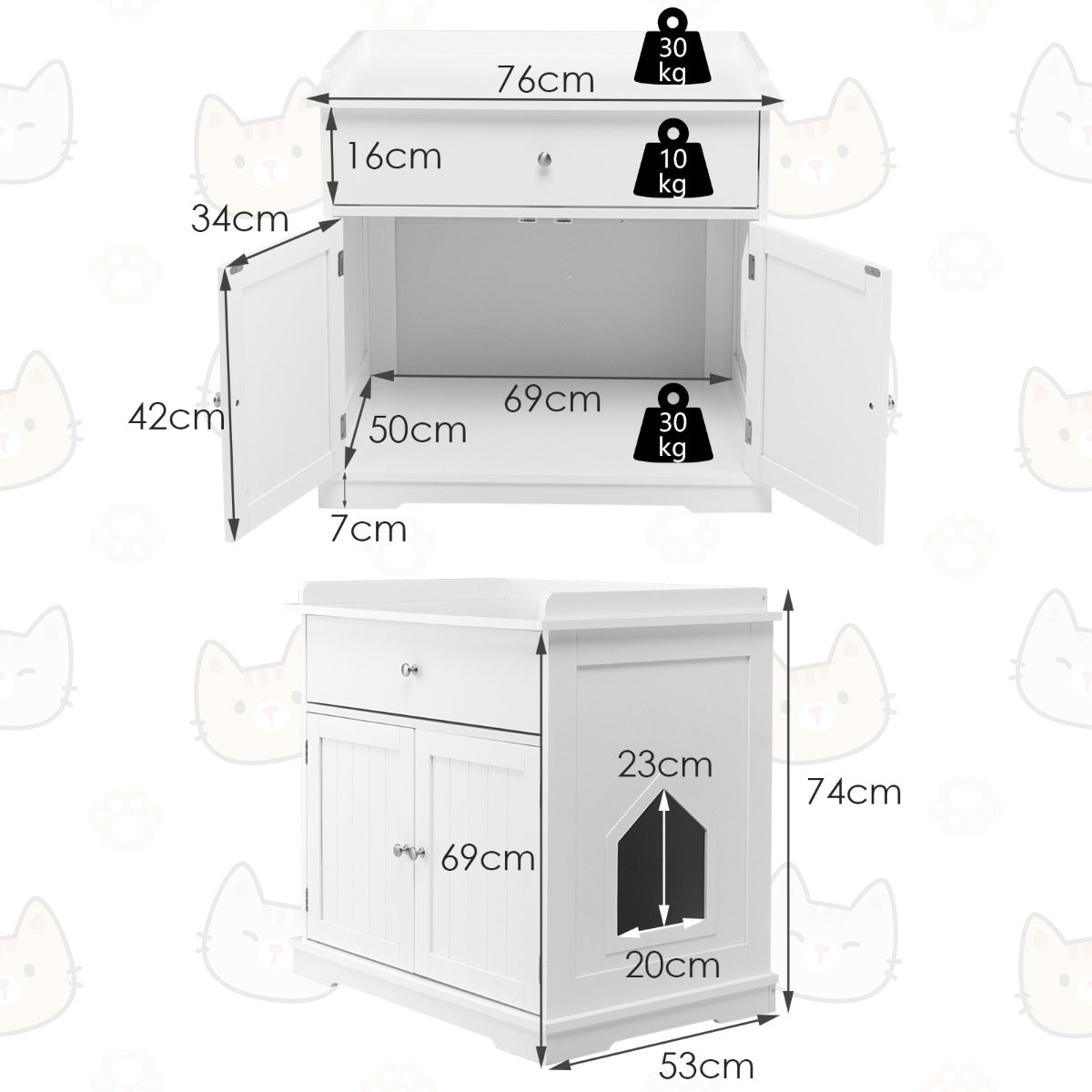 Modern Cat Litter Box Enclosure with Drawer &amp; 2 Doors-White