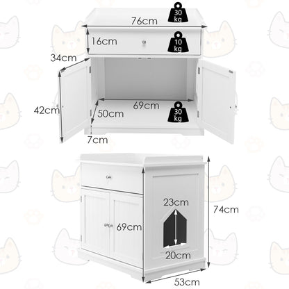 Modern Cat Litter Box Enclosure with Drawer &amp; 2 Doors-White