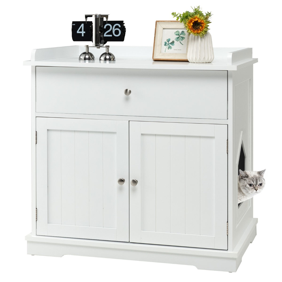 Modern Cat Litter Box Enclosure with Drawer &amp; 2 Doors-White